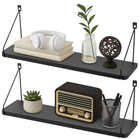 BREEZENEST 2 Pcs Wall floating shelf wooden storage organizer suitable for home (Black, 58cm)