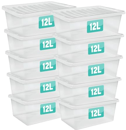 Clear Plastic Storage Box with Lid, 12 Litre, 10 Pack | UK Made, Stackable, Nestable, Transparent Base & Lid, Rectangular, Modern, Lift-Off Lid