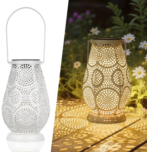 JOYCREATOR Solarlaterne für Außen, Metall Solarlampen für Außen 15LM mit Haken, LED Solar Laterne Outdoor IP65 Wetterfest, Vintage Deko Garten Balkon Terrasse Wand Tisch Gartengeschenke (Weiß/Klein)