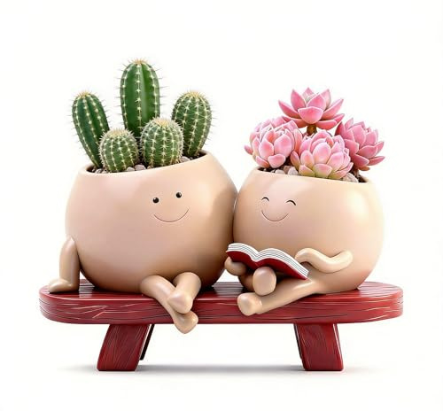 Wxeadu Smily Face Planter Pot, Rocking Chair cute planter with Drainage Hole, Funny Face Planter Pots Head, Resin Flower Head Planter for Indoor Outdoor, Succulent Pot for Home Decor Gift(Reading)
