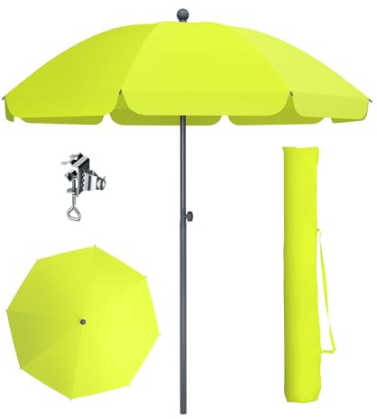 PHI VILLA Sombrilla de 175 x 210 cm de diámetro y altura ajustable con funda y abrazadera, sombrilla de playa inclinable, resistente al viento, estable para llevar, protección UV50+ para balcón, playa