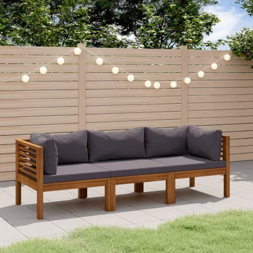 ACAGALA Gartenmöbel Set 3 Teilig, Balkonmöbel Set mit Dunkelgrau Kissen, 3-Sitzer, Outdoor Loungemöbel Sitzgruppe Garnitur Set aus Massivholz Akazie