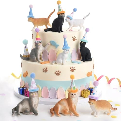 18 Pcs Cat Cake Toppers with Mini Birthday Hat, Cat Birthday Party Decorations, Cat Cake Toppers Figurines, Cat Cake Decorations for Birthday Party, Animals Themed Party
