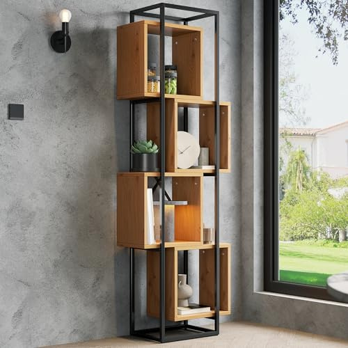 kowdom Glasvitrine & Standregal 59x30x180 cm Schwarz – offenes Bücherregal mit 4 Fächern, kreatives Stapel-Design, MDF-Holzböden, Sammlervitrine für Wohnzimmer, Büro & Dekoration