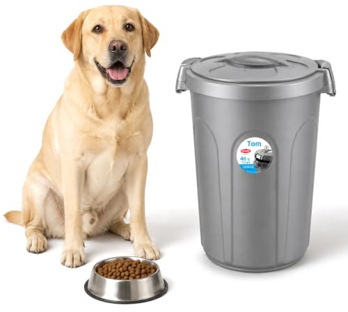 Home Centre Pet Food Storage Container 46L, Airtight Clip-On Lid, Grey | Small plastic bin for cat and dog dry food, treats, biscuits, 44.5 cm x 40 cm x 61 cm, airtight food storage