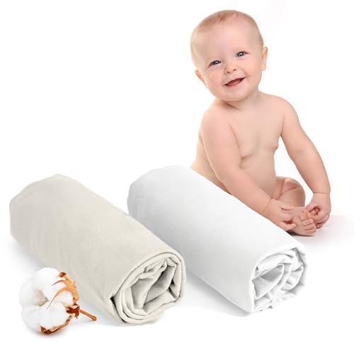 Dreamzie - Spannbettlaken 60x120 Baby 2er Pack - Baumwolle Oeko Tex Zertifiziert - Weiß und Beige - 100% Jersey Spannbettlaken 60x120cm