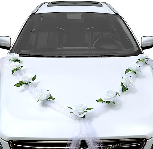 GWHOLE Décoration Voiture Mariage 9 Pcs Rose Blanche Artificielle + 2 Pcs Tulle Blanc 200cm Set de Decoration Mariage Noeud Voiture Mariage Fleurs Artificielles pour Voiture de Mariage