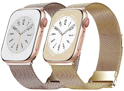 2Pack Bracelet Compatibles Avec Apple Watch Bracelet 38mm 40mm 41mm pour Femme Homme, bracelet en maille en acier inoxydable avec aimant pour iWatch Series 7 6 5 SE 4 3 Champagne doré+lumière étoilée