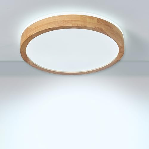 Baerolc LED Deckenleuchte Holz, Top 360° Glühen Φ30cm Holz Deckenlampe Wohnzimmer, 24W 6000K Kaltweiß Deckenleuchte Rund Holz Lampe für Schlafzimmer/Büro/Küche/Kinderzimmer/Flur/Balkon