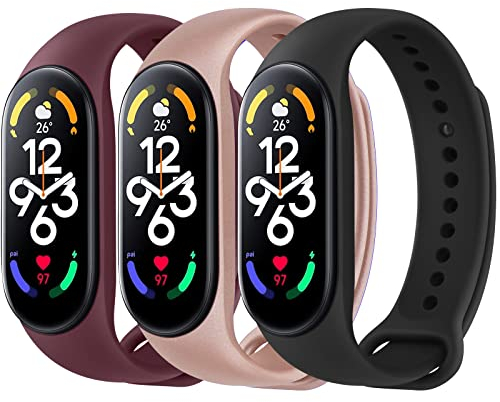 Vancle Lot de 3 bracelets de rechange pour Xiaomi Mi Band 7 en silicone souple et étanche pour Xiaomi Mi Band 7 Femme Homme (noir/bordeaux/or rose)