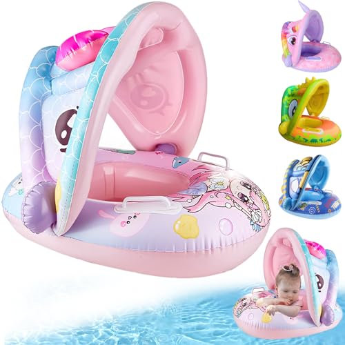 YOUYIKE Rosa Salvagente Neonato, Sirena Anello di Nuoto, Neonato Gonfiabile Salvagente per Neonati con Parasole, Piscina Galleggiante Neonato, Anello per Nuoto Gonfiabile Per Bambini 1-4 anno