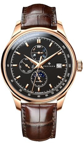 LOBINNI Herren-Armbanduhr, Edelstahl, automatisch, mechanisch, modisch, luxuriös, wasserdicht, Kalender, Woche, Monat, Lederband