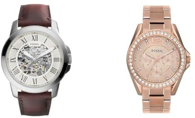 Fossil Watch for Men Grant, Mechanical Automatic Movement, 45 mm & Watch for Women Riley, Quartz Multifunction Movement, 38 mm Rose Gold Stainless Steel Case with a Stainless Steel Strap, ES2811