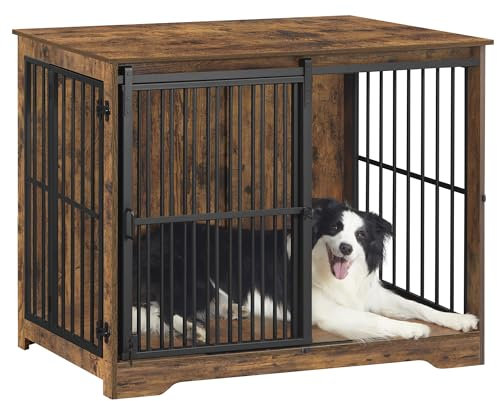 Hzuaneri Hundekäfig Möbel, 110cm Hundebox, 2 Türen, Moderne Hundekäfig Indoor für kleine/mittlere/große Hunde bis 100 kg, Beistelltisch, Verstärkte Schiebetür, 65 × 110 × 81 cm, Vintagebraun DFC84401B