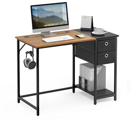 Mondeer Bureau d'ordinateur,Table de Bureaux avec 2 Tiroirs et étagères de Rangement, Gain d'Espace pour Bureau à Domicile Chambre, Marron Rustique et Noir, 120 x 60 x 76cm