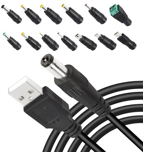 USB to DC 5V Cable,Universal 5V USB Power Chager Cord DC 5.5 X 2.1mm Plug Charger Adapter with 13 interchageable DC Connectors 5.5x 2.5mm Mirco USB Mini USB Type C and More