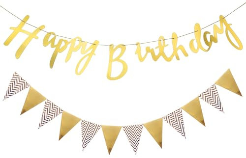 ENLACE Happy Birthday Girlande, Happy Birthday Banner Gold mit Wimpelkette Geburtstag, Glitter zum Aufhängen Girlande Geburtstags Partydeko für Erwachsene und Kinder Geburtstag Party Girlande