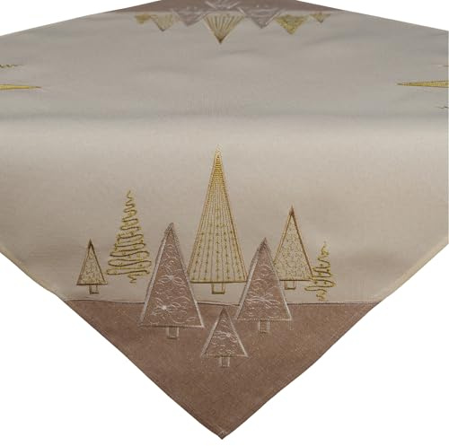 matches21 HOME & HOBBY Tischdecke Weihnachten 85x85 cm beige mit Tannenbaum Stick - Tischtuch als Bunte Weihnachts-Deko