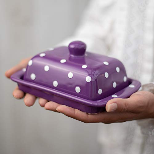 City to Cottage Butterdose Keramik Lila und Weiß, Polka Dots Handgemacht 250 Gramm Keramik Butterdose mit Deckel