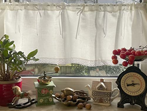 Bistrogardine Kurzgardine Vorhang Gardine 100% Öko Leinen mit Spitze Weiß 140x45 cm Landhaus Shabby Retro NEU+OVP Dalia
