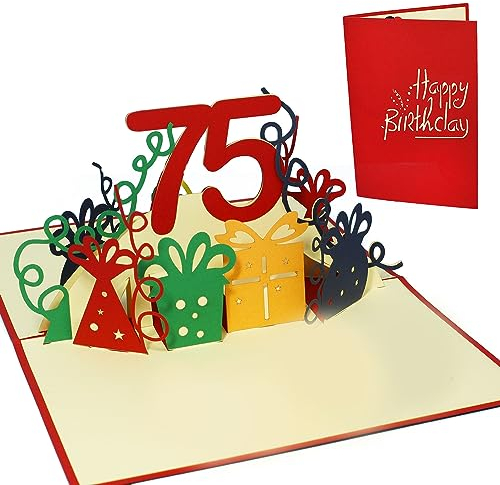 LINPOPUP® Karte 3D Grußkarte Geburtstagkarte 75. Geburtstag party, rot, N231