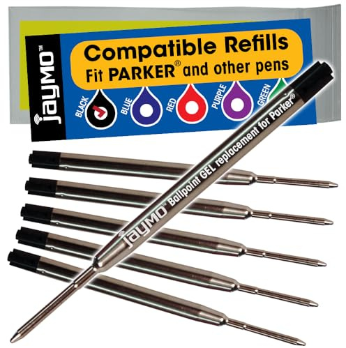 Jaymo Replacement for Parker 30525PP - Measures 3.875 in / 98 mm Long - G2 Gel Ballpoint Pen Refill - 6 Black