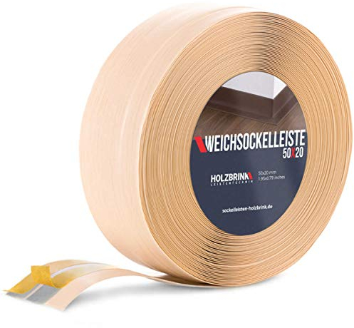 HOLZBRINK Battiscopa adesivo in PVC 50x20mm, 20 m | Bordino per top cucina, zoccolino battiscopa per mobili | Profilo angolare PVC | Colore: pino