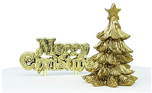 Anniversary House 2pcs Gold Tree Resin Cake Topper & Gold Merry Christmas Motto Luxury Boxed Cake Decorations, Xmas Cake Toppers, Yule Log Decoration, Traditional Non-Edible Decorations, BX288 UK