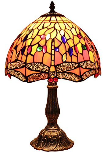 Bieye L30023 Libellule Tiffany Style Vitrail Lampe de Table pour Chevet Salon Décoration de la Maison, 12Wx18H, Orange