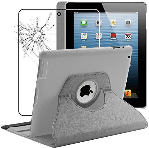 ebestStar - Funda para iPad 4 3 2 Apple, Carcasa Capa Giratoria, 360 Protectora, Cuero PU Soporte, Gris + Cristal Templado