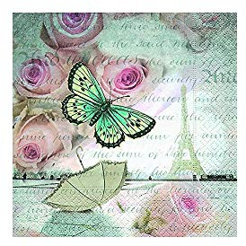 Lot de 20 serviettes 25 x 25 cm romantique dans Paris Tour Eiffel Butterflies Cocktail