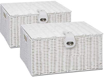 ARPAN 2 x Resin Woven Storage Hamper Basket Box With Lid & Lock (White - Large)