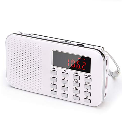 PRUNUS J-908 Radio Portatile Ricaricabile FM/AM(MW),Radiolina Portatili Digitale,Lettore Musicale MP3,Supporto USB/AUX/TF Card, Aggiunta Torcia di Emergenza (Bianco)