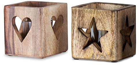 levandeo 2er Set Windlicht Stern Herz 9cm Mangoholz Teelicht Glaseinsatz Teelichthalter Kerze Sternmotiv Herzmotiv Mango Natur Holzdeko