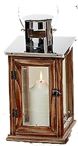 muschel-sammler-shop Elegante Holz Laterne mit Dach aus Edelstahl - Windlicht - 2 Größen (Höhe 33 cm)