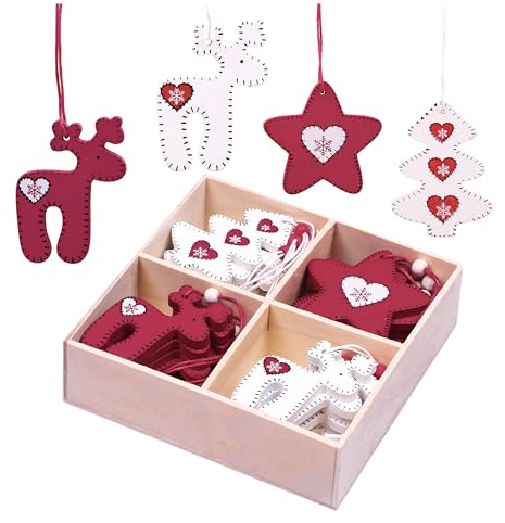 Valery Madelyn 24pcs Traditional Red and White Christmas Tree Decorations, Wooden Christmas Hanging Pendants, Xmas Tree Ornaments with Reindeer, Star, Tree Patterns for Gift Tag, 2.4inch/6cm