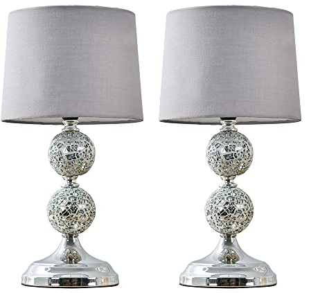 MiniSun | Modern Chrome and Mosaic Glass Table Lamps with Grey Shades | Table Lamps, Home Décor & Improvement Essential | Set of 2