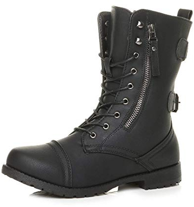 AJVANI Womens ladies low heel flat zip lace up military biker combat classic ankle boots size