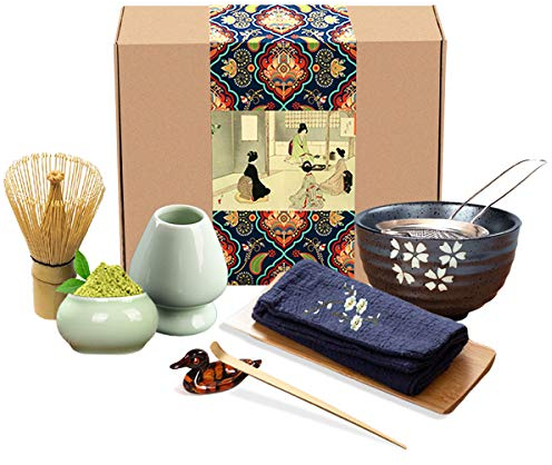 Artcome Japanisches Matcha Teeservice Schneebesen Set, Traditionelle Bambusschaufel, Matcha Schüssel, Keramik Schneebesenhalter, Matcha Caddy, Geschenkbox für Japanische Teezeremonie (9 Stück)