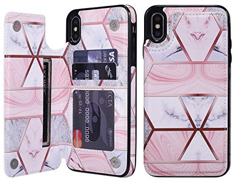 UEEBAI Case for iPhone XS Max, Premium PU Leather Case Geometric Marble Pattern Back Wallet Cover [Two Magnetic Clasp] [Card Slots] Stand Function Durable Shockproof Soft TPU Case - Grey & Pink