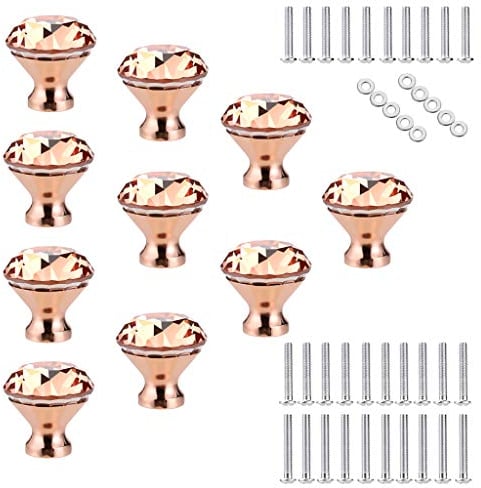 IGNPION 10 Pcs 30mm Crystal Glass Drawer Door Knob Cupboard Pull Handles for Bedside Cabinet, Dresser Unit and Chest Furniture Rose Gold