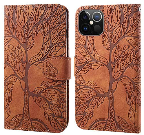 Aisenth for iPhone 12 Pro Max Flip Case, The Tree of Life Embossed PU Leather Wallet Phone Folio Case Magnetic shockproof Protective Cover with Stand function, Card Slots + 1 pcs Wrist Strap (Brown)