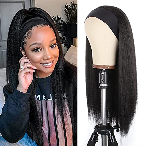 Xtrend 22 Zoll Yaki Perücke Mit Stirnband für Frauen - Lang Schwarz Afro, Kinky Gerade Synthetische Perücke Mit Befestigtem Stirnband