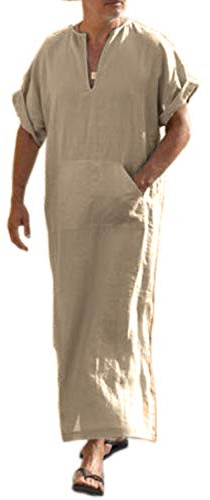COOFANDY Men's V-Neck Linen Robe Short Sleeve Kaftan Thobe Long Gown Casual Shirt for Beach