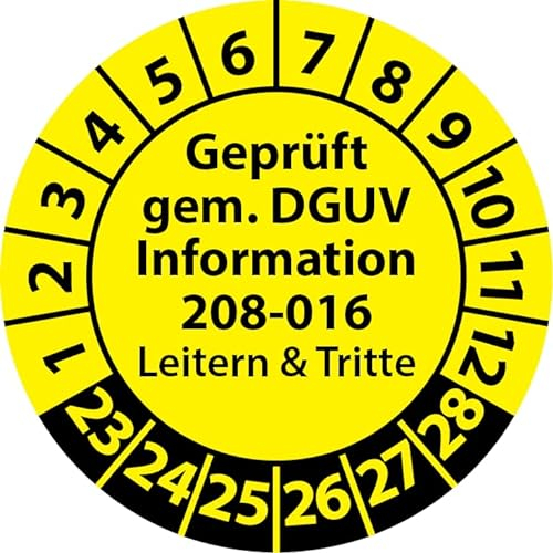 Prüfplakette Geprüft gemäß DGUV Information 208-016 Leitern und Tritte, Prüfaufkleber, Prüfetikett, Plakette (30 mm Ø, Gelb, 100)