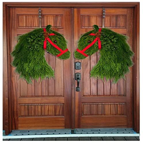Yuemei Weihnachtsdeko Wand Pferdekopf Skulptur Kranz Wandskulptur, Weihnacht Winterkranz Bauernhaus Doppel Pferdekopf Pferde Wandbild Weihnachtskranz Weihnachtsdekoration Garten Deko (2 Stück), M