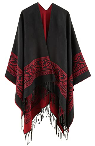 Superora Damen Poncho Cape Umhängetuch Stola Strick-Pullover Karierte Deckenschal Sweatshirt Schal mit Fransen,Rot