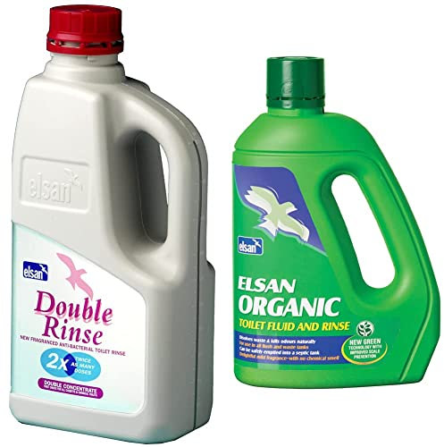 Elsan DRIN01 Double Rinse Toilet Fluid, 1 litres, Pink & ORG02 Organic Toilet Fluid for Motorhomes, Green, 2 Litre