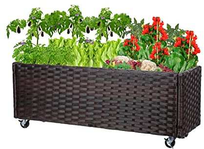 Chonsun Raised Garden Bed with Wheels - Rattan Wicker Elevated Raised Garden Bed Outdoor Raised Planter Box for Vegetables Grass Lawn Yard, 38 x 14.5 x 12 in, Brown