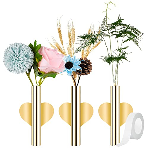 Qixuer Floreros de Tubo de Flores Montado en la Pared, 3 Piezas Florero de Pared Metal Florero de Metal Dorado Florero de Maceta Florero Adhesivo Removible Flores Autoadhesivas Florero de Pared